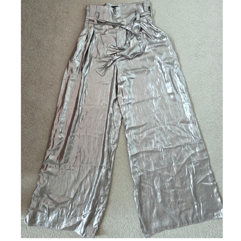 Zara Silver Wide-Leg Pants with High Waist Tie